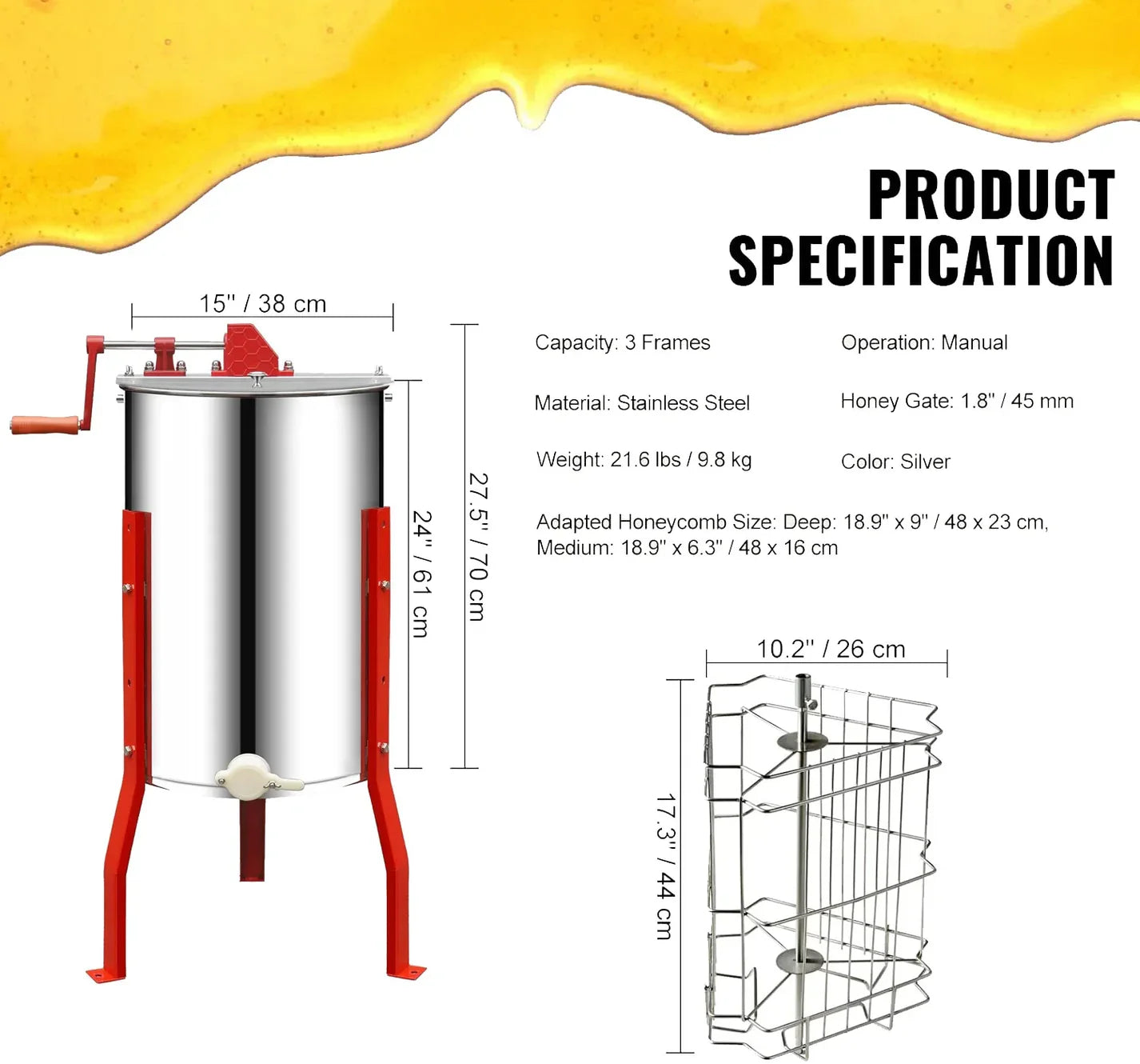 Manual 3-Frame Honey Extractor, Stainless Steel Extractor for Backyard Beekeepers