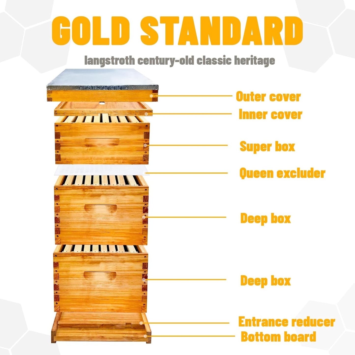 Gold Standard 8 Frame Bee Hive Beeswax Coated Includes Beehive Frames and Foundations (2 Deep Boxes & 1 Medium Box)