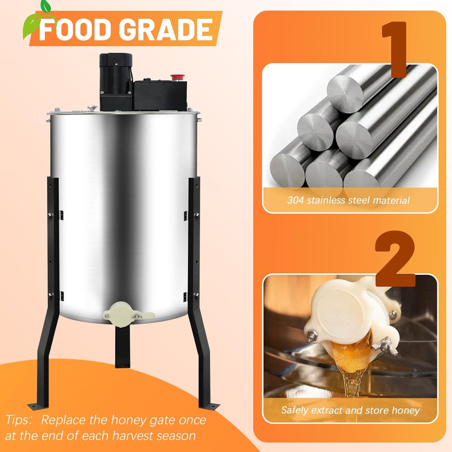 Electric Honey Extractor, Adjustable Stainless Steel Honeycomb Spinner for 4 to 8 Frames, Electric Beekeeping Separator for Backyard Apiary and Farm