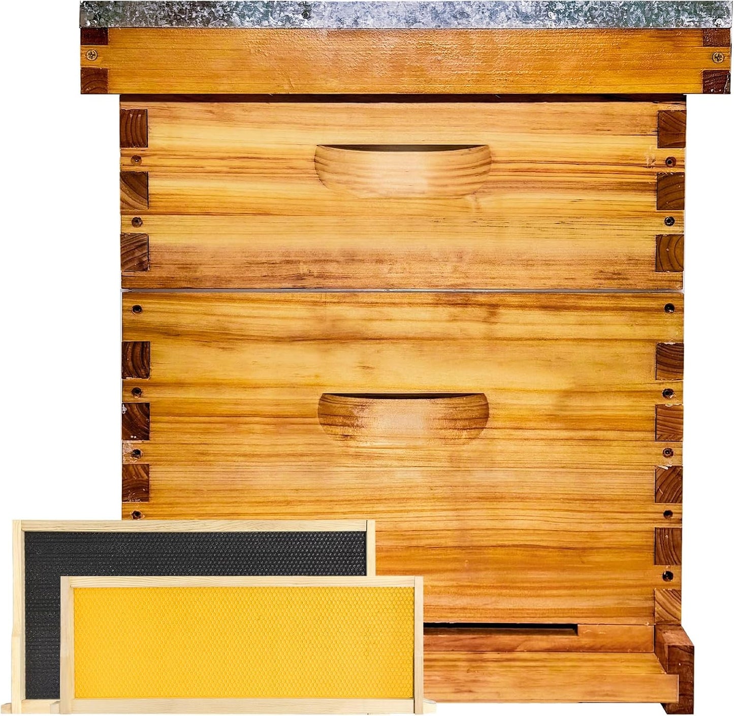 Hiveaura 8 Frame Langstroth Beehive, Beeswax Coated Hive Box with Frames and Waxed Foundations, 1 Deep & 1 Medium Box for Beginner Beekeepers