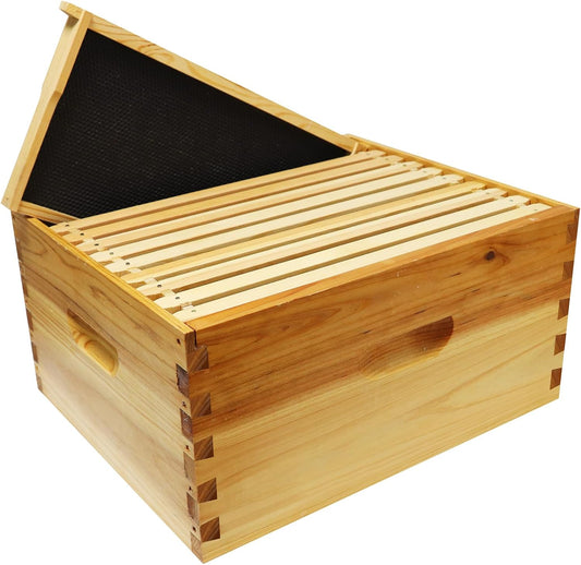 10-Frame Wax Coated Deep Beehive Box, Unassembled Langstroth Super Hive with Wooden Frames and Waxed Foundations for Backyard Beekeepers