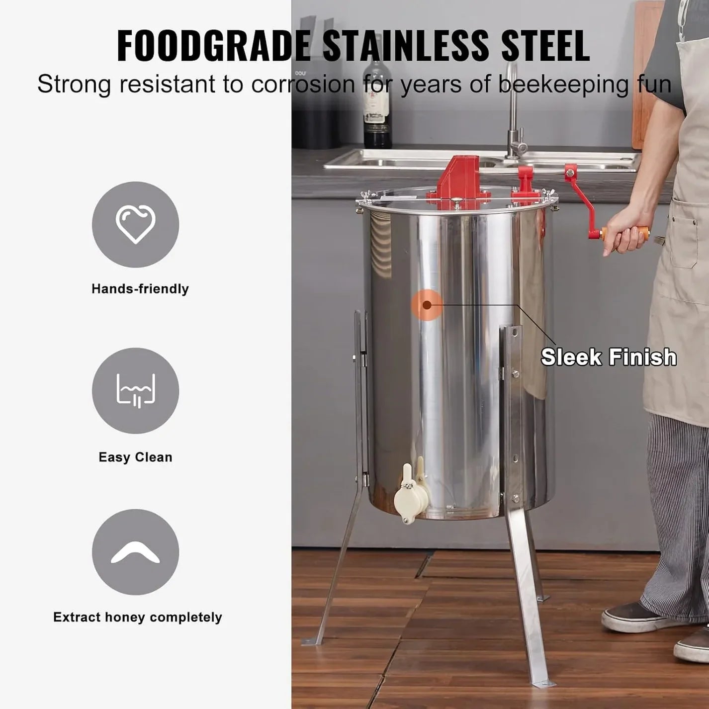 Manual 3-Frame Honey Extractor, Stainless Steel Extractor for Backyard Beekeepers