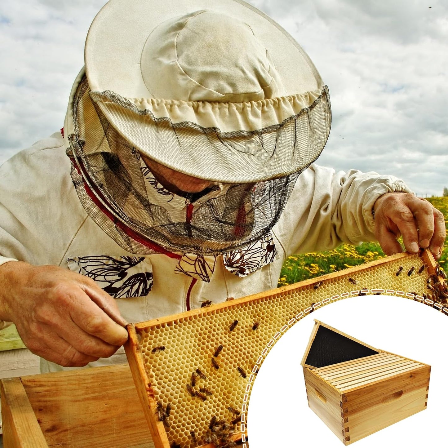 10-Frame Wax Coated Deep Beehive Box, Unassembled Langstroth Super Hive with Wooden Frames and Waxed Foundations for Backyard Beekeepers